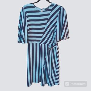 Topshop dress, Ladies sz 8, open back, blue stripe, bias cut sleeve & skirt